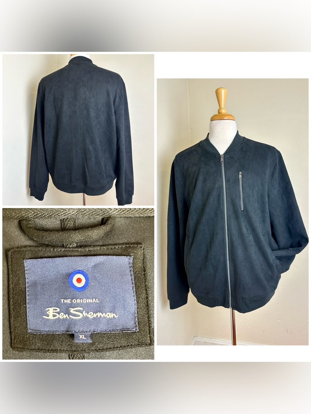 NWOT Ben Sherman Men's Faux Suede Bomber Jacket Black Microfiber Full Zip Sz XL
